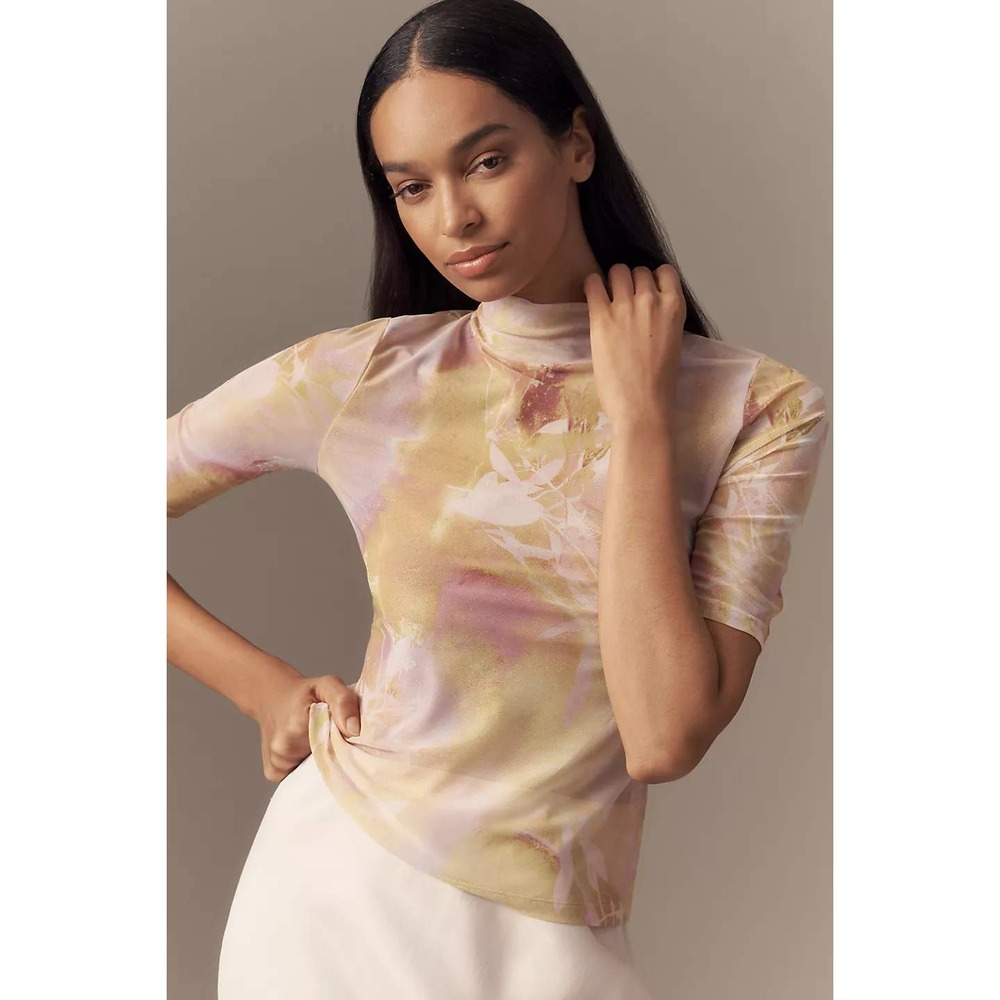 By Anthropologie Half-Sleeve Mesh Top Mock Neck Floral Watercolor Small NWT